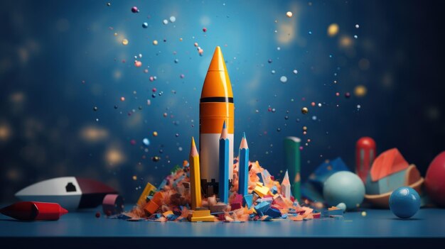 Terug naar school creatieve banner Raketlancering gemaakt met potloden Online leren digitaal