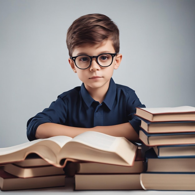 Terug naar school, een stapel boeken voor een kleine jongen die graag wil leren op tafel