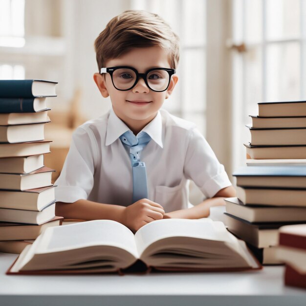 Terug naar school, een stapel boeken voor een kleine jongen die graag wil leren op tafel