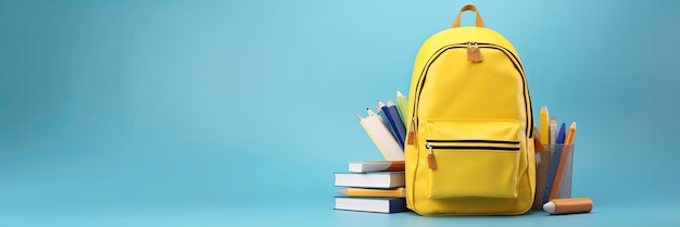 Terug naar school Gele rugzak met boeken en schoolspullen op blauwe achtergrond