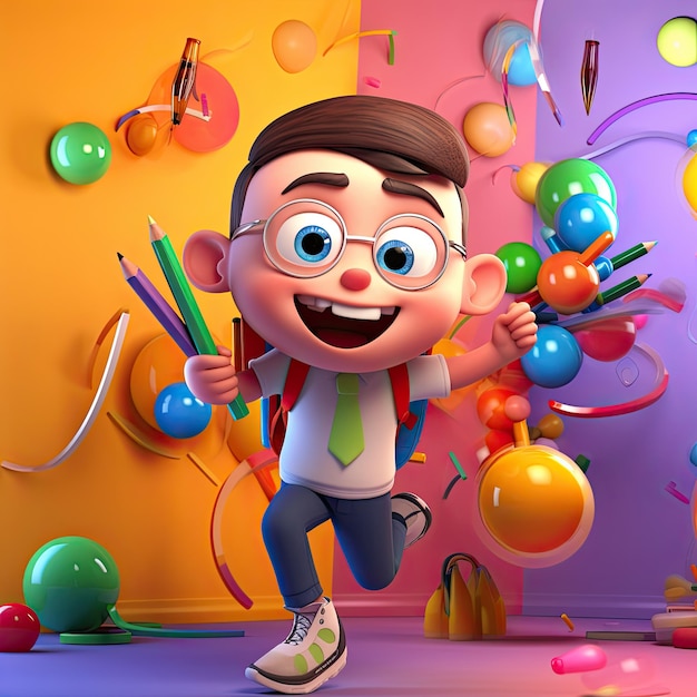 Terug naar school met een speels, vrolijk 3D-tekenfilmfiguur van een kleine jongen op een kleurrijke achtergrond Generatieve AI