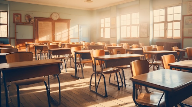 Terug naar school nostalgie vintage klaslokaalinterieur met houten stoelen en bureaus