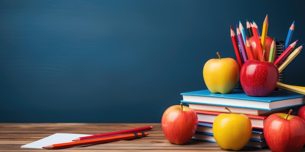 Terug naar school Plaats voor tekst Kladblok en appel op tafel Hoge foto Generatieve AI