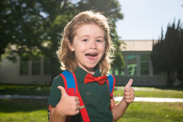 Terug naar school portret van opgewonden schooljongen van de basisschool op het schoolplein