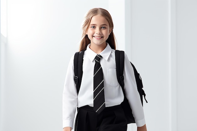 Terug naar school schoolmeisje met rugzak in uniform op lichte achtergrond