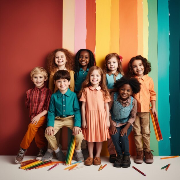 terug naar school thema foto van kinderen in gelukkige en warme kleuren