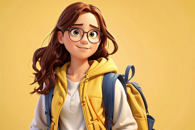 Terug naar school tienerkindmeisje met bril en schooltas op geel