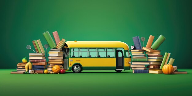 Terug naar schoolbanner Grappige schoolbus met boeken en accessoire op groene achtergrond met kopieerruimte