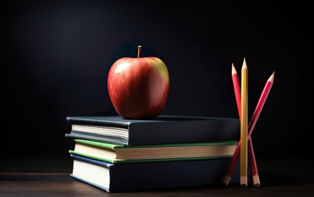 Terug naar schoolboeken en potloden met raketschets AApple op stapel boeken met potloden en leeg schoolbord AI Generatieve AII Generatieve AI