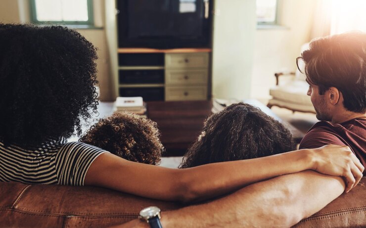 Foto terug ouders en kinderen met liefde steun en zorg voor vertrouwen samen of ontspannen in binding of huis gezinsvrouw en kinderen met man in spel verbinding of comfort op de bank in huis of woonkamer