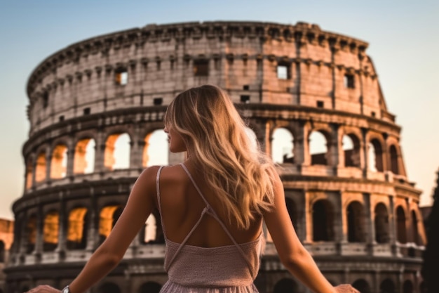 Terug van blonde sexy vrouw tegen Colosseum Rome Italië Generatieve AI