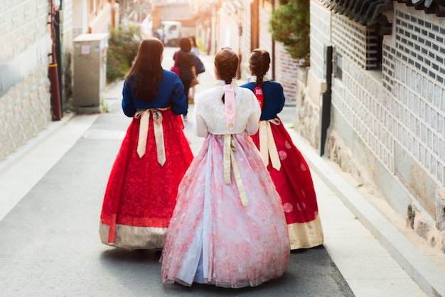 Terug van drie vrouw die hanbok draagt ​​die door het Dorp van Bukchon Hanok in Seoel, Zuiden loopt