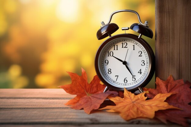 Terugvallen in de tijd voor de zomertijd in de herfst Val terug bord met wekker op verweerd