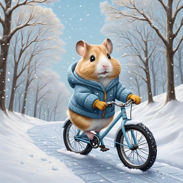 Terwijl de antropomorfe hamster in zijn gezellige winterkleding zijn kleine fiets langs de sneeuwbedekking reed