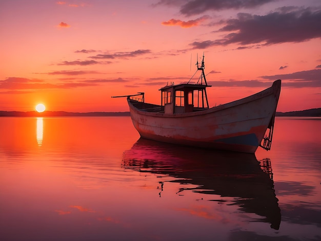Terwijl de zon ondergaat over het meer een oude vissersboot Ai gegenereerd