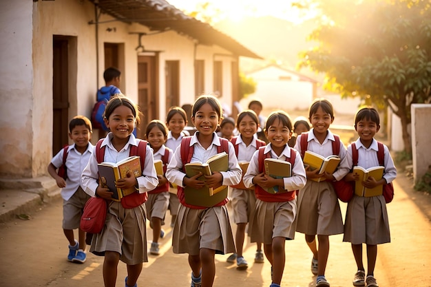 Terwijl de zon over het dorp opkomt, verzamelen de kinderen hun boeken en gaan ze naar school.