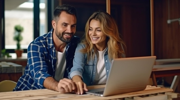 Terwijl haar huis wordt gerenoveerd, gebaart een verbluffende amerikaanse vrouw naar een laptopscherm voor haar grijnzende vriend met behulp van generative ai