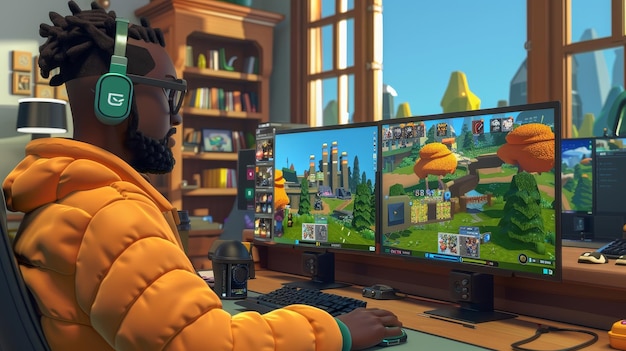 Foto terwijl hij thuis werkt, maakt een zwarte man met een bril een 3d-cartoon op de computer.