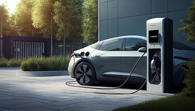 A tesla charging station with a green car in the background.