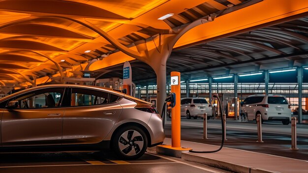 A tesla model 3 charging at an airport.