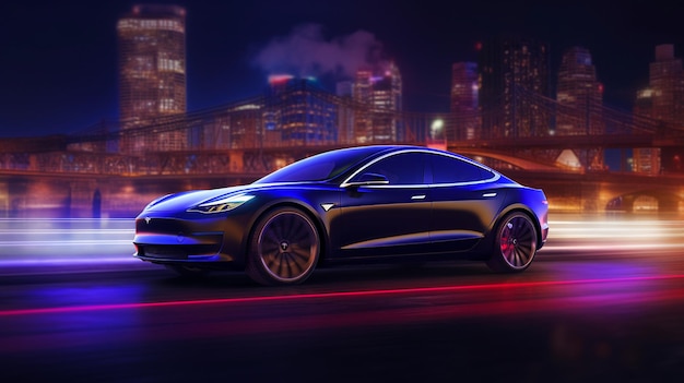 Tesla model 3 is on the road at night