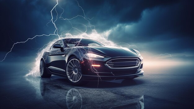 A tesla model s car is driving on a cloudy day with lightning in the background.