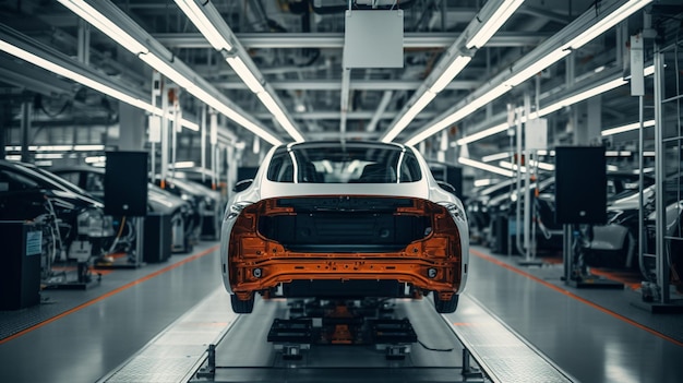 A tesla model s car is on a lift in a factory.