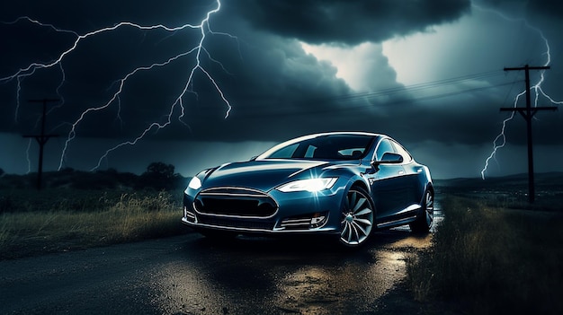 Tesla model s on a stormy night with lightning