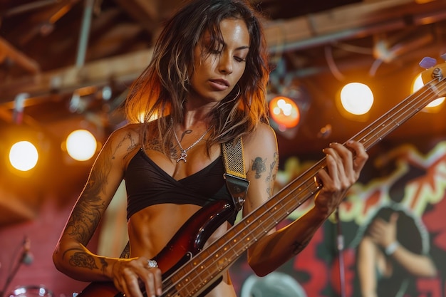 Tessa Violet playing bass guitar on stage