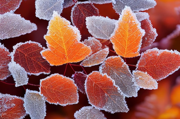 Tessellated creative autumn leaves covered in frost forest floor pattern brown red and orange color background 3d illustration