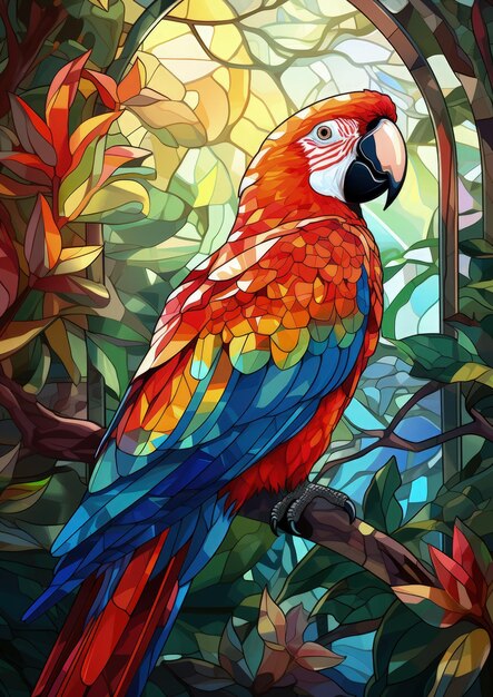 열대 정글의 나무에 있는 은색 아카오 (Tessellated scarlet macaw)