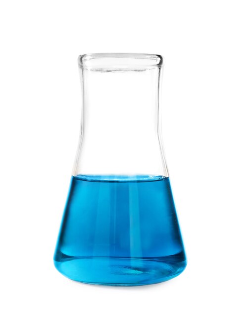 Test flask with blue liquid on white background