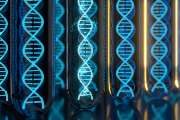 시험관 및 염색체 DNA 및 유전자 3d 렌더링