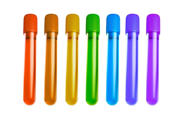 Test tube in rainbow color with blood devices in a stand 3d illustration of medical test tubes