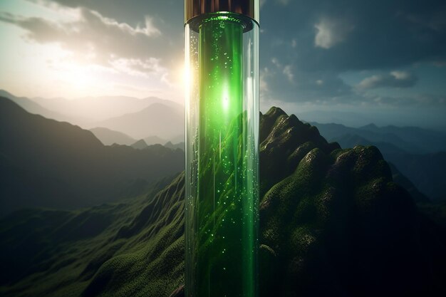 Test Tube with Glowing Bubbles on Green