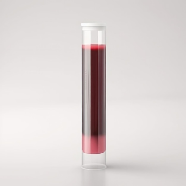 Photo a test tube with a red liquid inside of it.