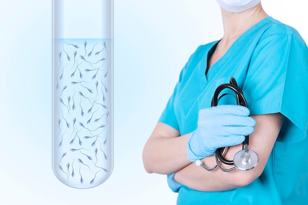 Test tube with spermatozoa and doctor in medical uniform Men39s health and spermogram reproductive health Blue gradient background Medical poster High quality photo