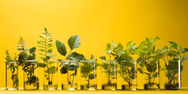 Test tubes filled with leaves against vibrant yellow backdrop with greenery Concept Natureinspired Photoshoot Botanical Elegance Experimental Set Design
