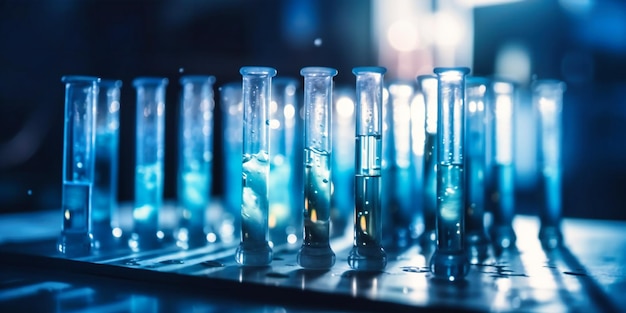 Test tubes full of liquid in a chemistry lab