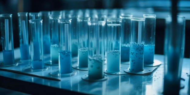 Test tubes full of liquid in a chemistry lab