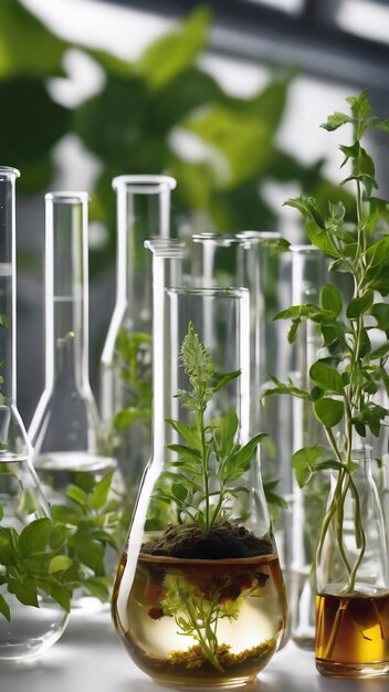 Test tubes and other laboratory glassware with different plants on white background