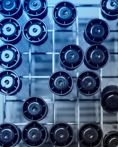 Test tubes in rack, view from above. Concept of science, laboratory and study of diseases.