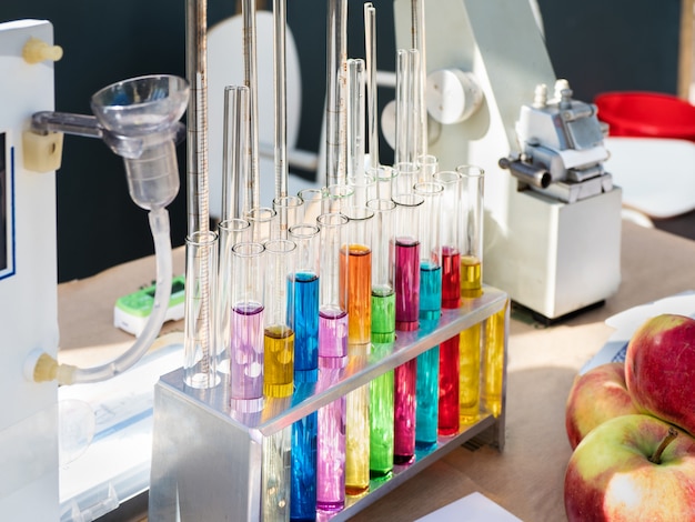 Test tubes with a colored reagents. Close up.