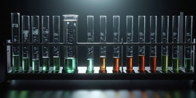 Foto tubi di prova con liquidi colorati in un laboratorio scientifico ricerca scientifica