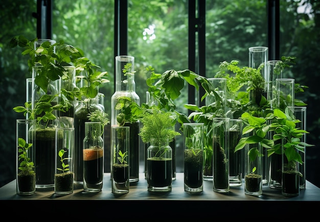 실험실 의 테이블 에 있는 식물 들 이 있는 실험 튜브