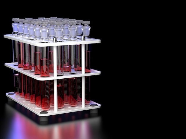 黒い背景の上のスタンドに赤い液体の試験管