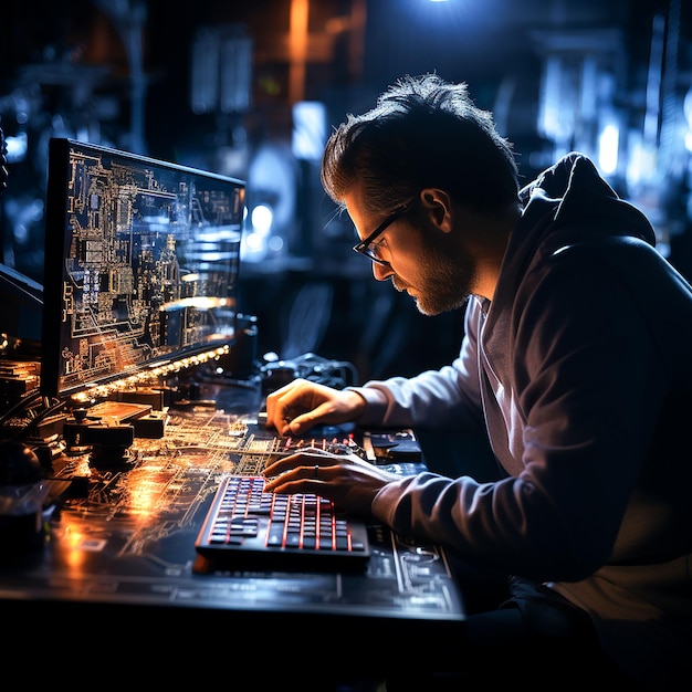 Foto test della scheda madre del computer ingegnere elettronica femminile in laboratorio generato dall'ai