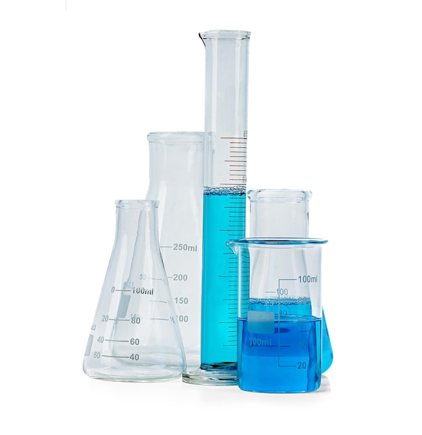 Testtubes flasks with blue liquid isolated on white