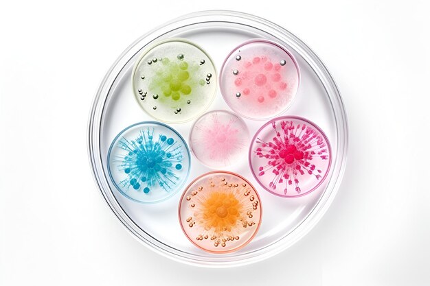 Testtubes and petri dishes with specimens on desk in modern laboratory high angle close up shot