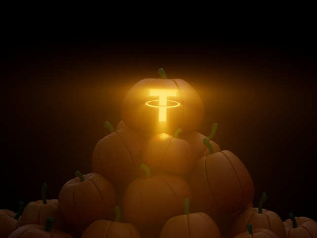 Tether Carved Pumpkin Stack Pile Crypto Currency 3D Illustration Render Dark Lighting